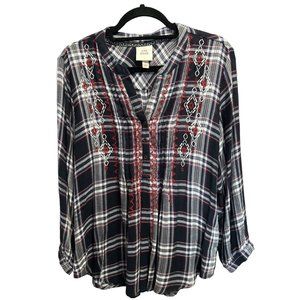 Knox Rose size L navy plaid embroidered 1/2 button v neck soft flannel like top